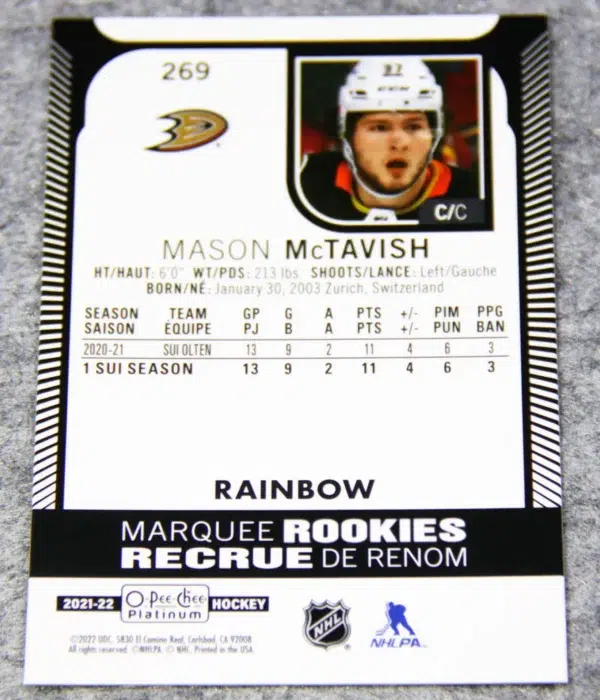 2021-22 Mason McTavish #269 Upper Deck O-Pee-Chee Platinum Marquee Rookies Rainbow RC