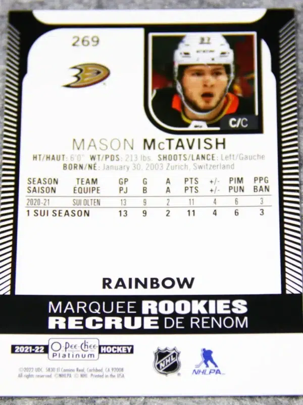 2021-22 Mason McTavish #269 Upper Deck O-Pee-Chee Platinum Marquee Rookies Rainbow RC