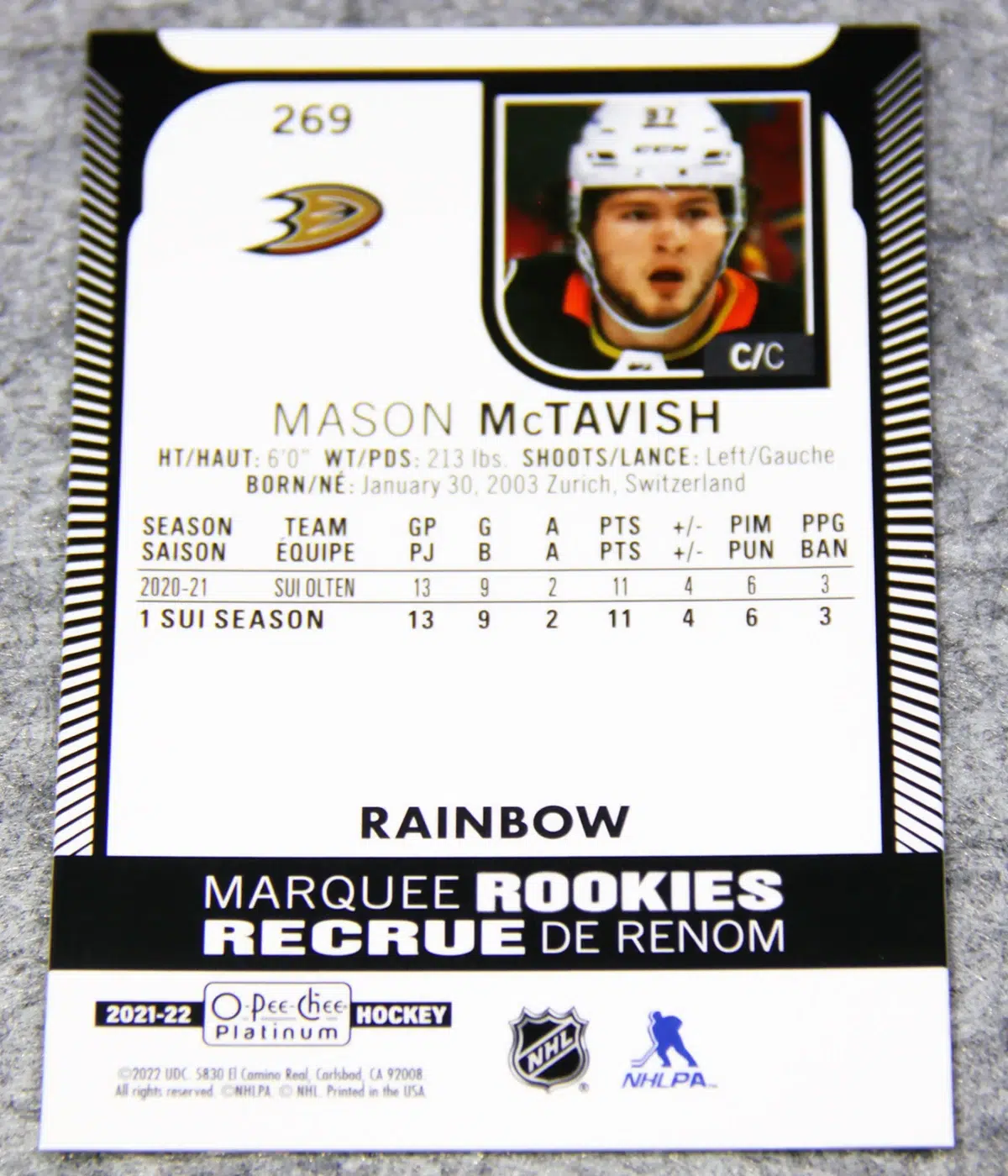 2021-22 Mason McTavish #269 Upper Deck O-Pee-Chee Platinum Marquee Rookies Rainbow RC