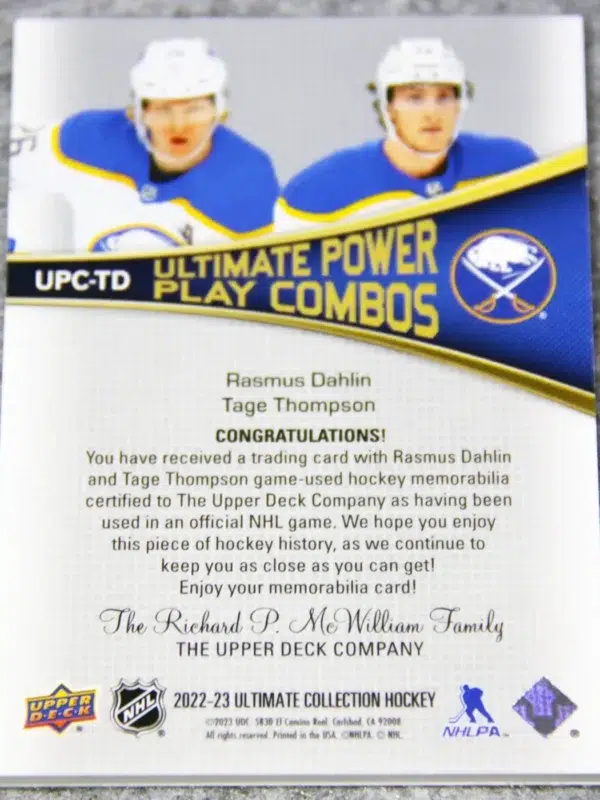 2022-23 Rasmus Dahlin & Tage Thompson #UPC-TD Upper Deck Ultimate Collection Power Play Combos Dual Patch