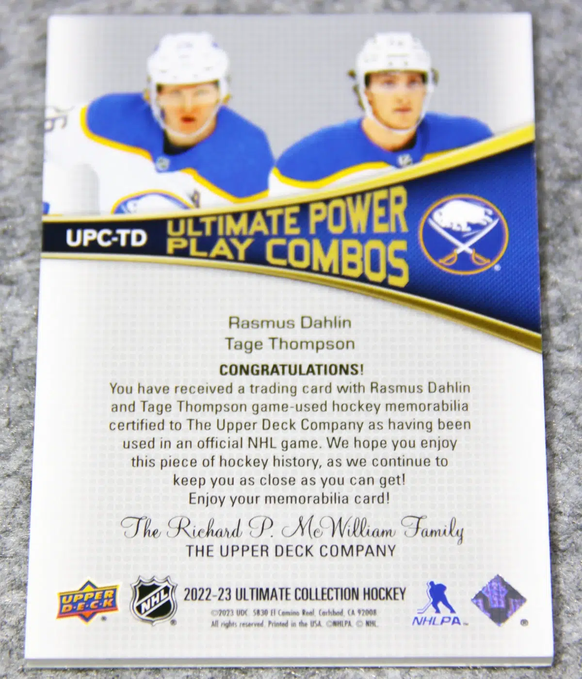 2022-23 Rasmus Dahlin & Tage Thompson #UPC-TD Upper Deck Ultimate Collection Power Play Combos Dual Patch