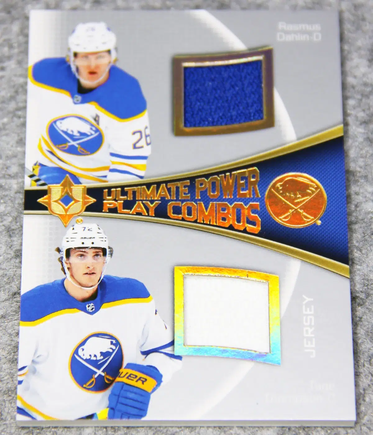 2022-23 Rasmus Dahlin & Tage Thompson #UPC-TD Upper Deck Ultimate Collection Power Play Combos Dual Patch