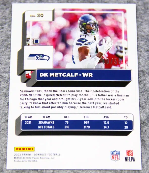 2022 DK Metcalf #30 Panini Donruss Premium Press Proof Gold Holo /50