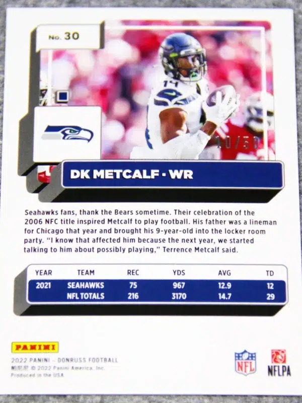 2022 DK Metcalf #30 Panini Donruss Premium Press Proof Gold Holo /50