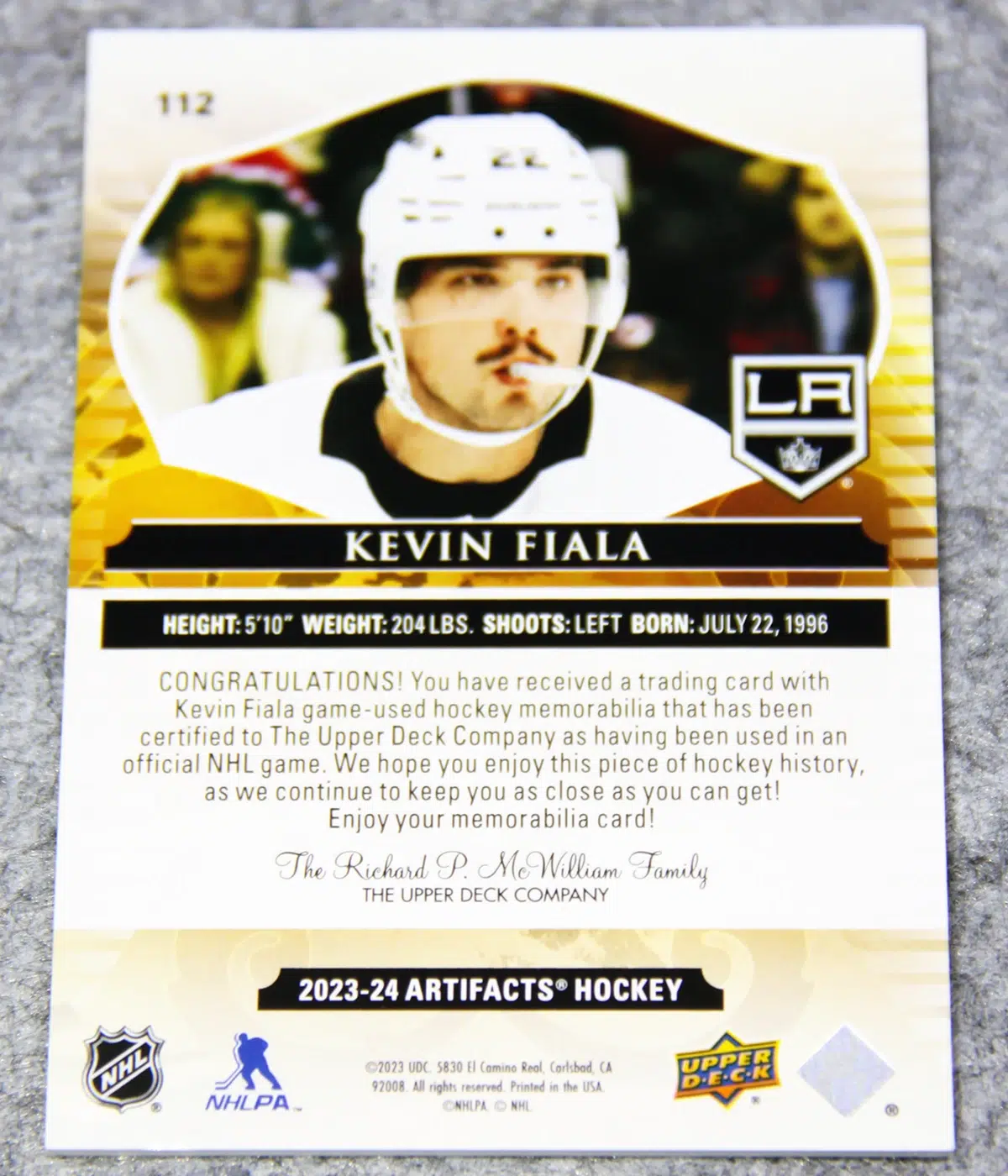 2023-24 Kevin Fiala #122 Upper Deck Artifacts Gold Dual Jersey /199