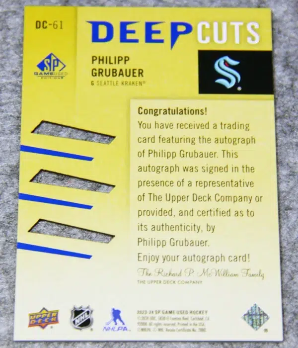 2023-24 Philipp Grubauer #DC-61 Upper Deck SP Game Used Deep Cuts Auto /75