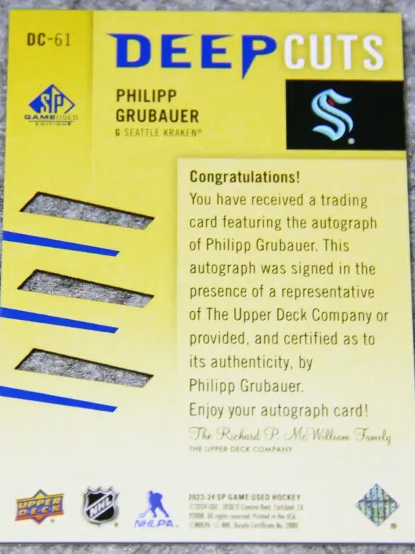 2023-24 Philipp Grubauer #DC-61 Upper Deck SP Game Used Deep Cuts Auto /75