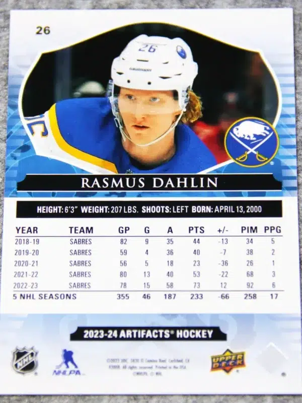 2023-24 Rasmus Dahlin #26 Upper Deck Artifacts Hockey Ruby /499