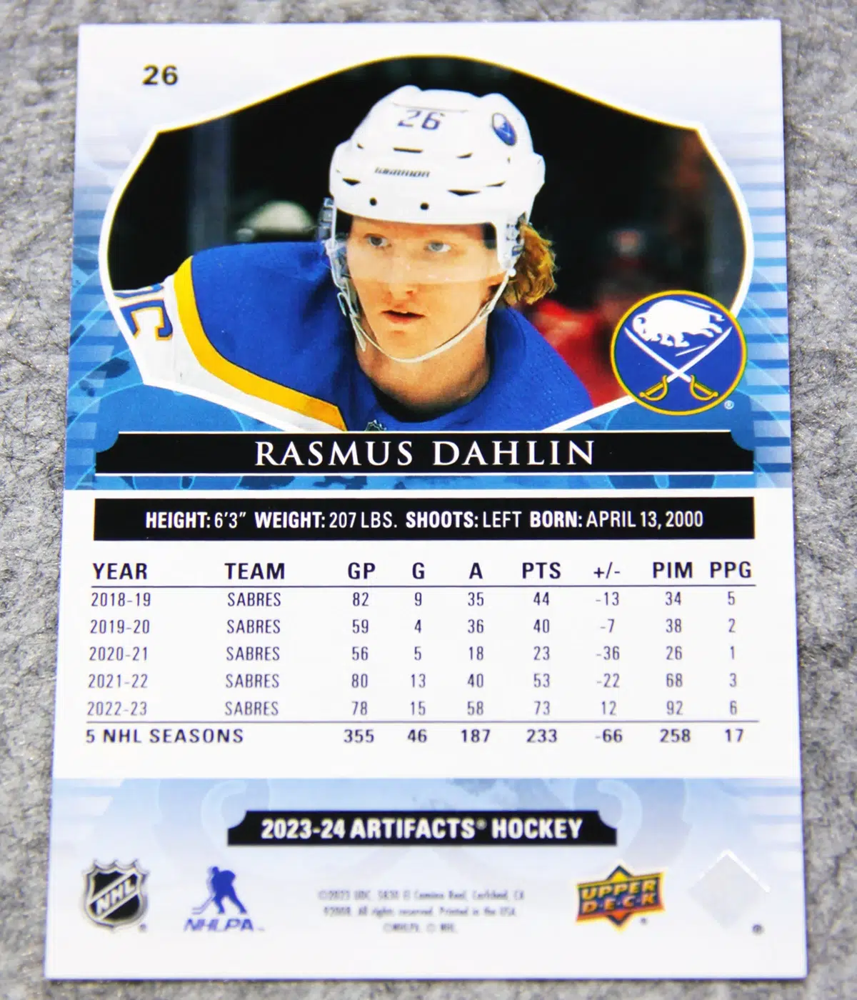 2023-24 Rasmus Dahlin #26 Upper Deck Artifacts Hockey Ruby /499