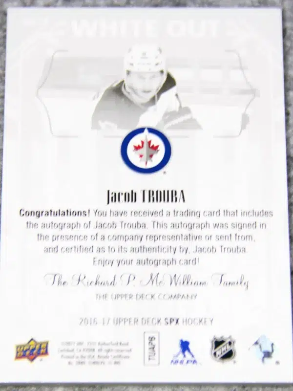 2016-17 Jacob Trouba #WO-TR Upper Deck SPx White Out Auto