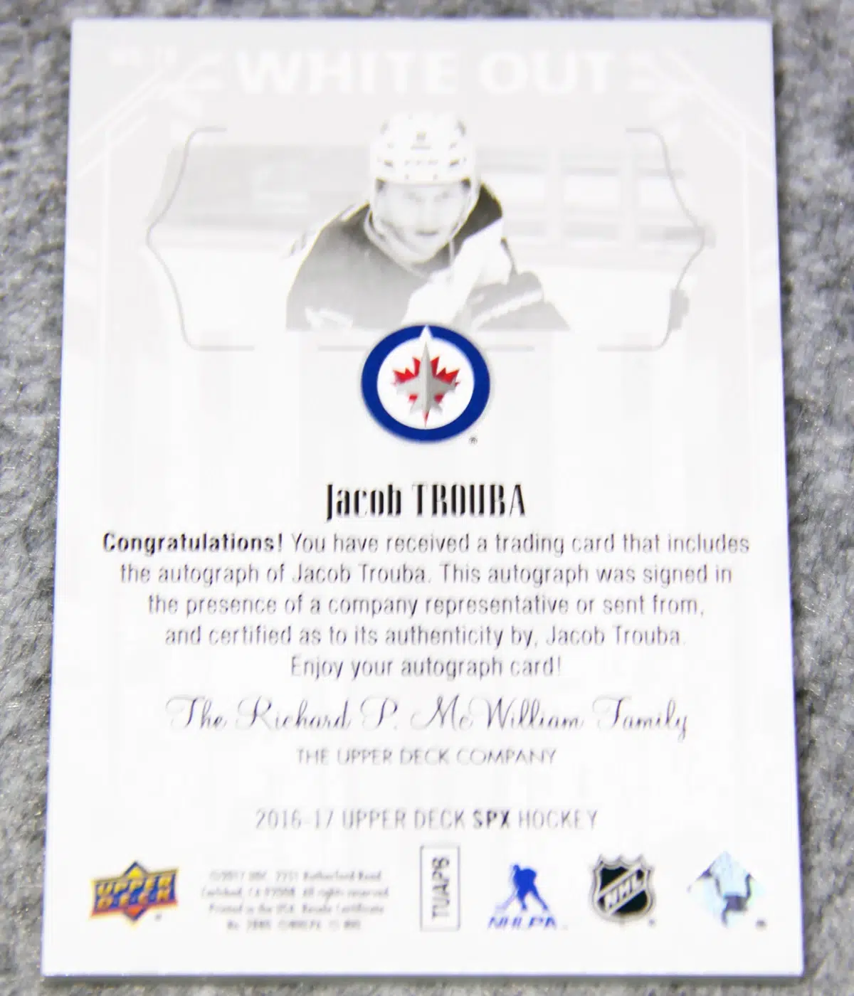 2016-17 Jacob Trouba #WO-TR Upper Deck SPx White Out Auto