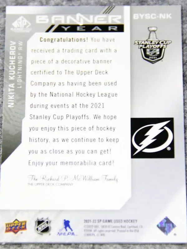 2021-22 Nikita Kucherov #BYSC-NK Upper Deck SP Game Used Banner Year Stanley Cup