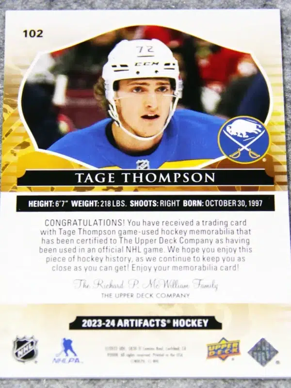 2023-24 Tage Thompson #102 Upper Deck Artifacts Dual Patch /149