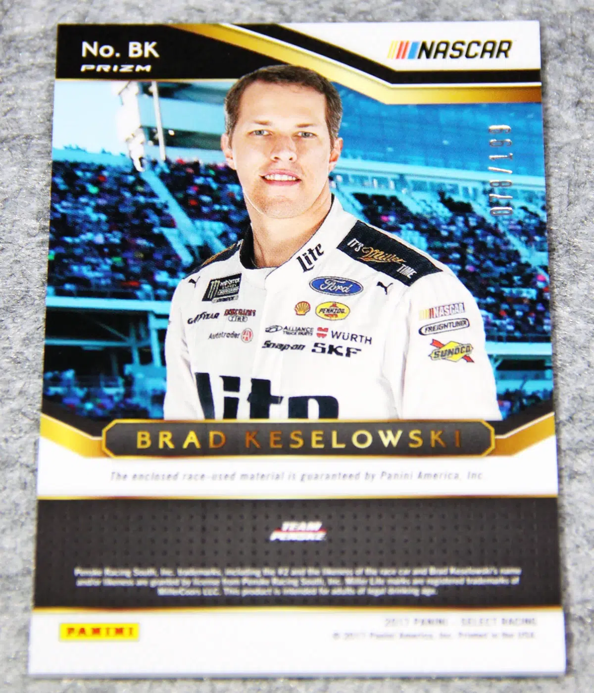 2017 Brad Keselowski #BK Panini Nascar Select Racing Swatches Blue Prizm /199