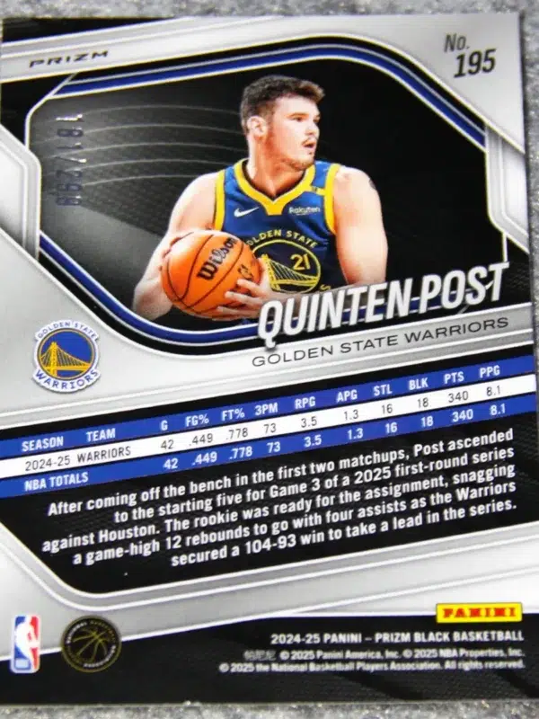 2024-25 Quinten Post #195 Panini Prizm Black Red Prizm RC /299