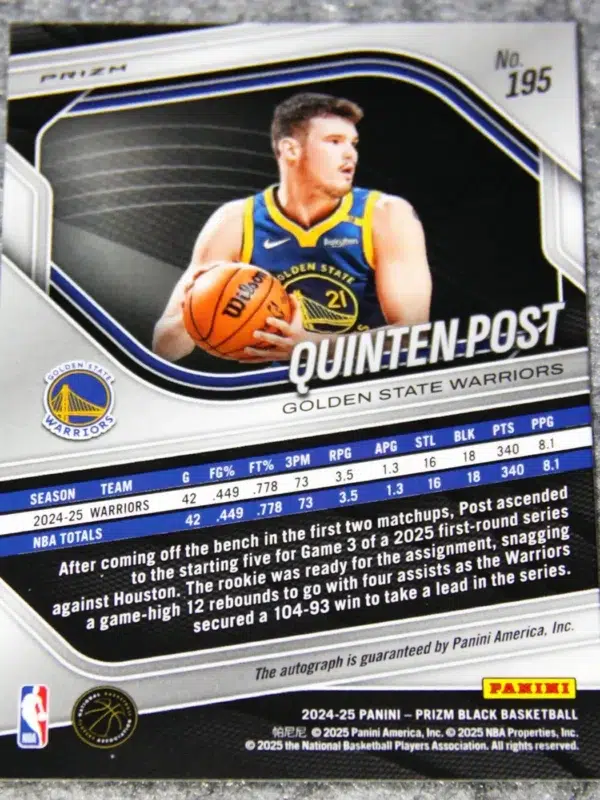 2024-25 Quinten Post #195 Panini Prizm Black Silver Prizm Autograph RC