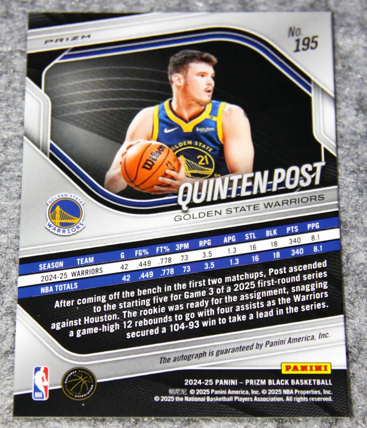 2024-25 Quinten Post #195 Panini Prizm Black Silver Prizm Autograph RC