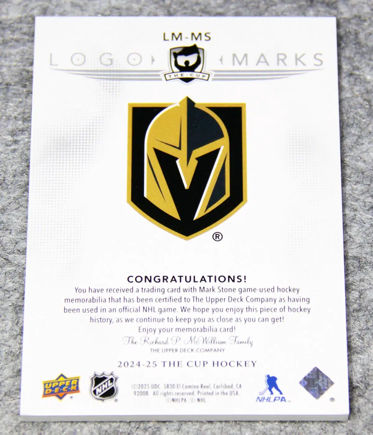 2024-25 Mark Stone #LM-MS Upper Deck The Cup Hockey Logo Marks / 99