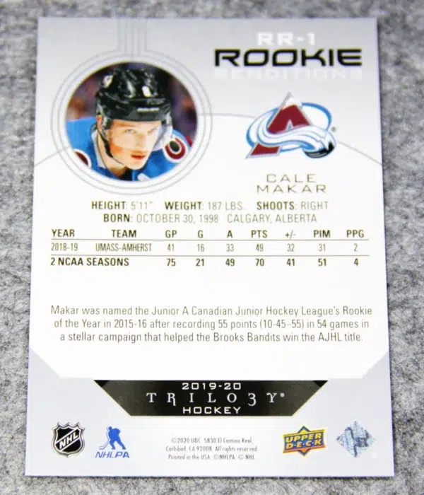 2019-20 Cale Makar #RR-1 Upper Deck Trilogy Rookie Renditions RC