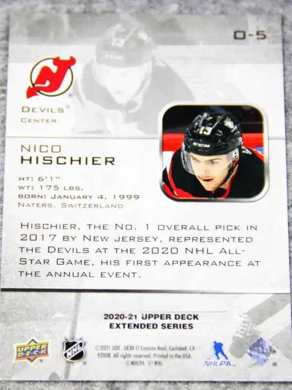 2020-21 Nico Hischier #O-5 Upper Deck Extended Series Ovation