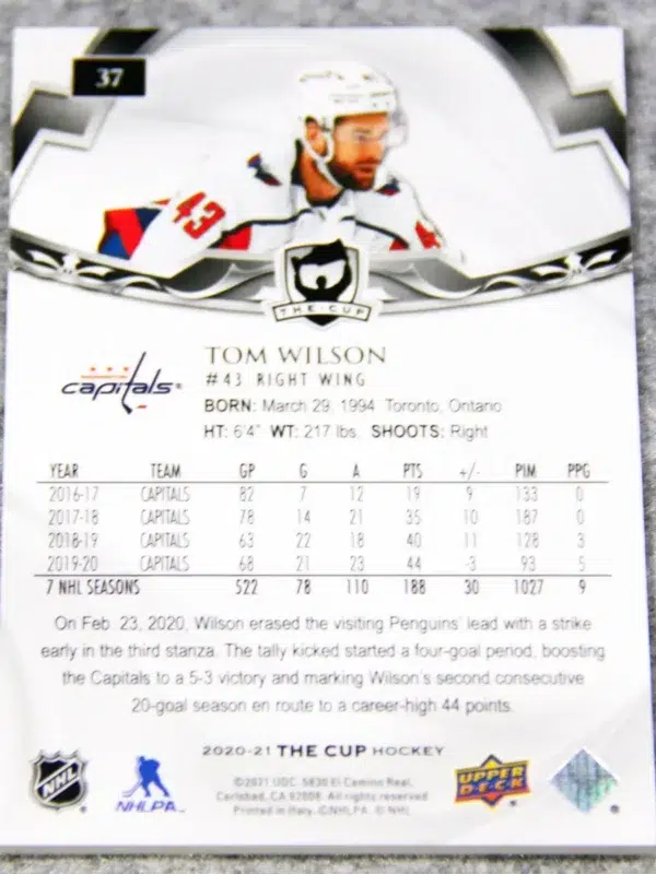 2020-21 Tom Wilson #37 Upper Deck The Cup Hockey /249