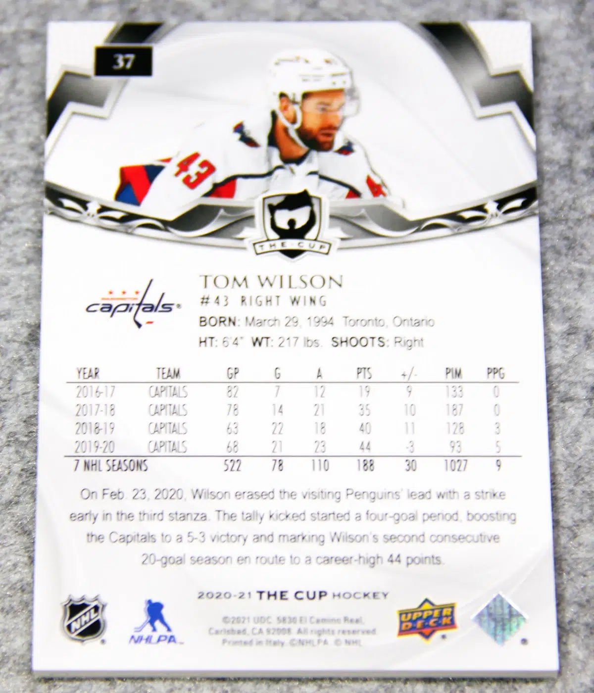 2020-21 Tom Wilson #37 Upper Deck The Cup Hockey /249