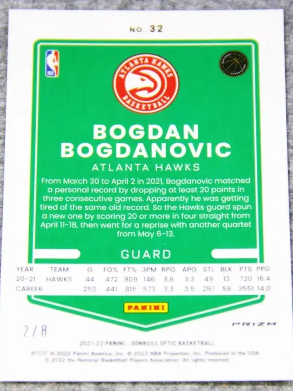 2021-22 Bogdan Bogdanovic #32 Panini Donruss Optic Choice Black Gold /8