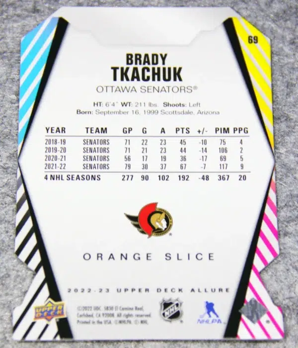 2022-23 Brady Tkachuk #69 Upper Deck Allure Orange Slice Die-Cut