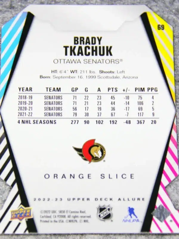 2022-23 Brady Tkachuk #69 Upper Deck Allure Orange Slice Die-Cut