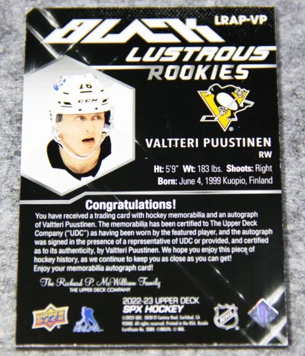 2022-23 Valtteri Puustinen #LRAP-VP Upper Deck SPX Black Lustrous Rookies RC /125