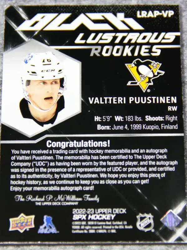 2022-23 Valtteri Puustinen #LRAP-VP Upper Deck SPX Black Lustrous Rookies RC /125