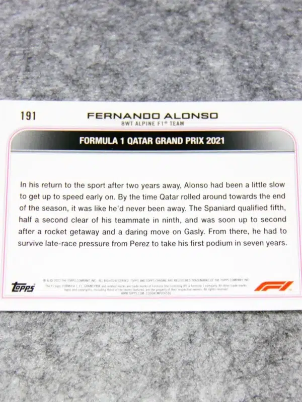 2022 Fernando Alonso #191 Topps Chrome F1 Sapphire Blue Ice Refractor