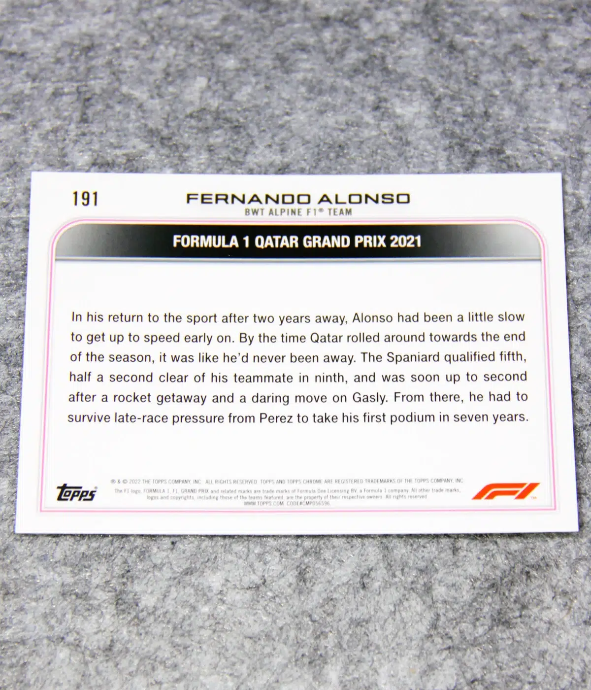 2022 Fernando Alonso #191 Topps Chrome F1 Sapphire Blue Ice Refractor