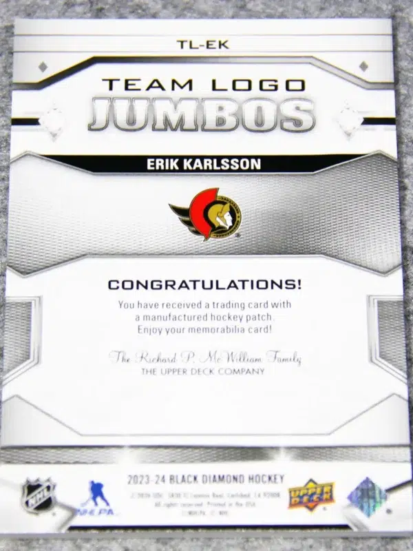 2023-24 Erik Karlsson #TL-EK Upper Deck Black Diamond Team Logo Jumbos Patch