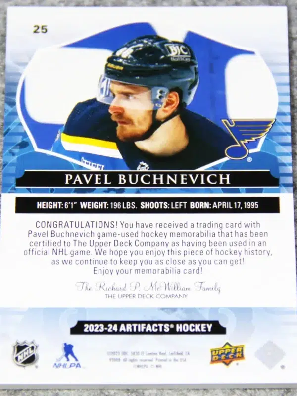 2023-24 Pavel Buchnevich #25 Upper Deck Artifacts Dual Patch Emerald /65