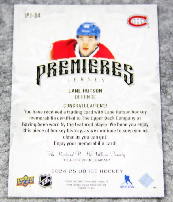 2024-25 Lane Hutson #IPJ-34 Upper Deck ICE Hockey Premieres Jersey RC