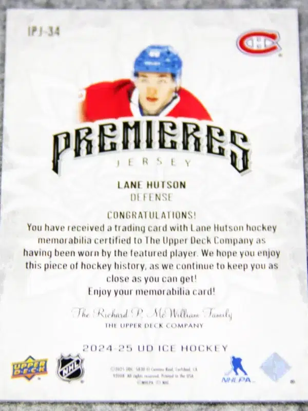 2024-25 Lane Hutson #IPJ-34 Upper Deck ICE Hockey Premieres Jersey RC