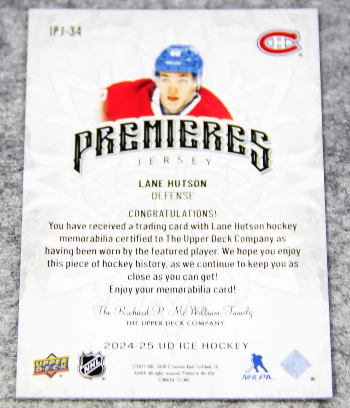 2024-25 Lane Hutson #IPJ-34 Upper Deck ICE Hockey Premieres Jersey RC