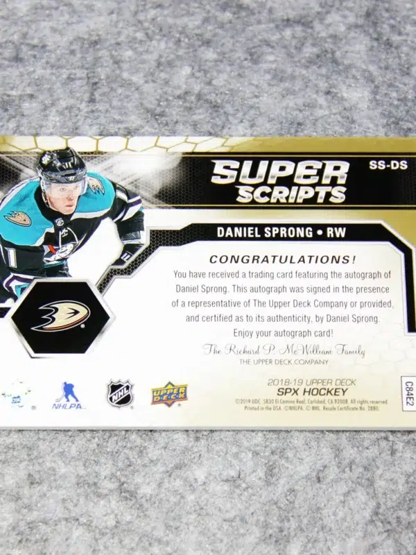 2018-19 Daniel Sprong #SS-DS Upper Deck SPx Superscripts Autograph
