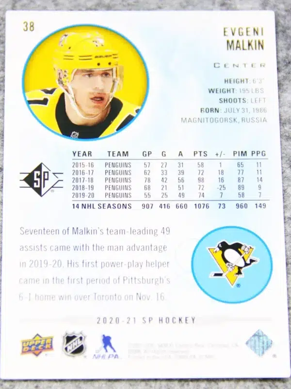 2020-21 Evgeni Malkin #38 Upper Deck SP Hockey Blue