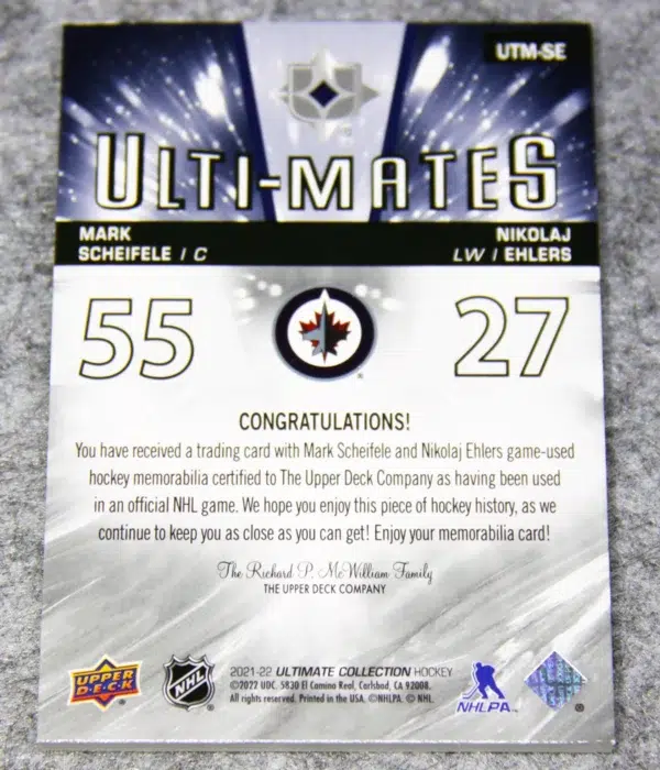 2021-22 Mark Scheifele & Nikolaj Ehlers #UTM-SE Upper Deck Ultimate Collection Ulti-Mates Dual Patch /35