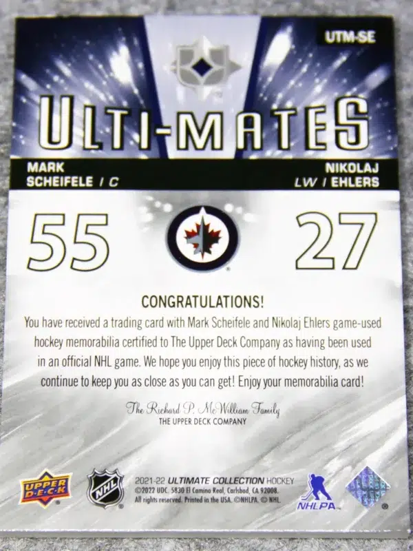 2021-22 Mark Scheifele & Nikolaj Ehlers #UTM-SE Upper Deck Ultimate Collection Ulti-Mates Dual Patch /35