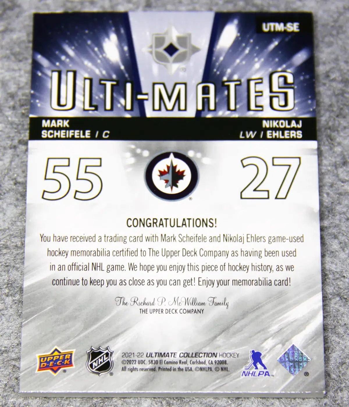 2021-22 Mark Scheifele & Nikolaj Ehlers #UTM-SE Upper Deck Ultimate Collection Ulti-Mates Dual Patch /35