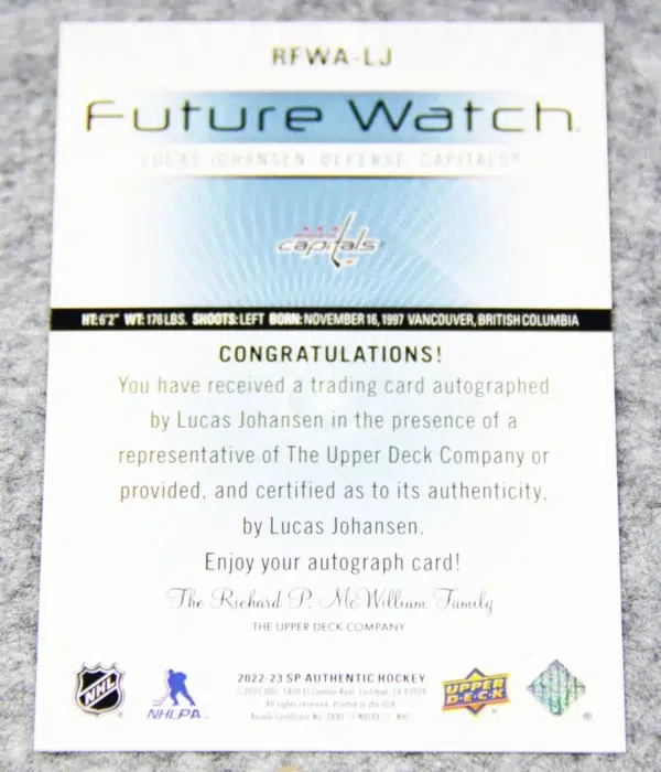 2022-23 Lucas Johansen #RFWA-LJ Upper Deck SP Authentic Retro Future Watch Auto /699