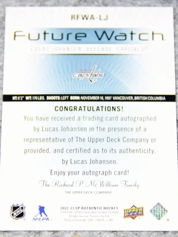 2022-23 Lucas Johansen #RFWA-LJ Upper Deck SP Authentic Retro Future Watch Auto /699
