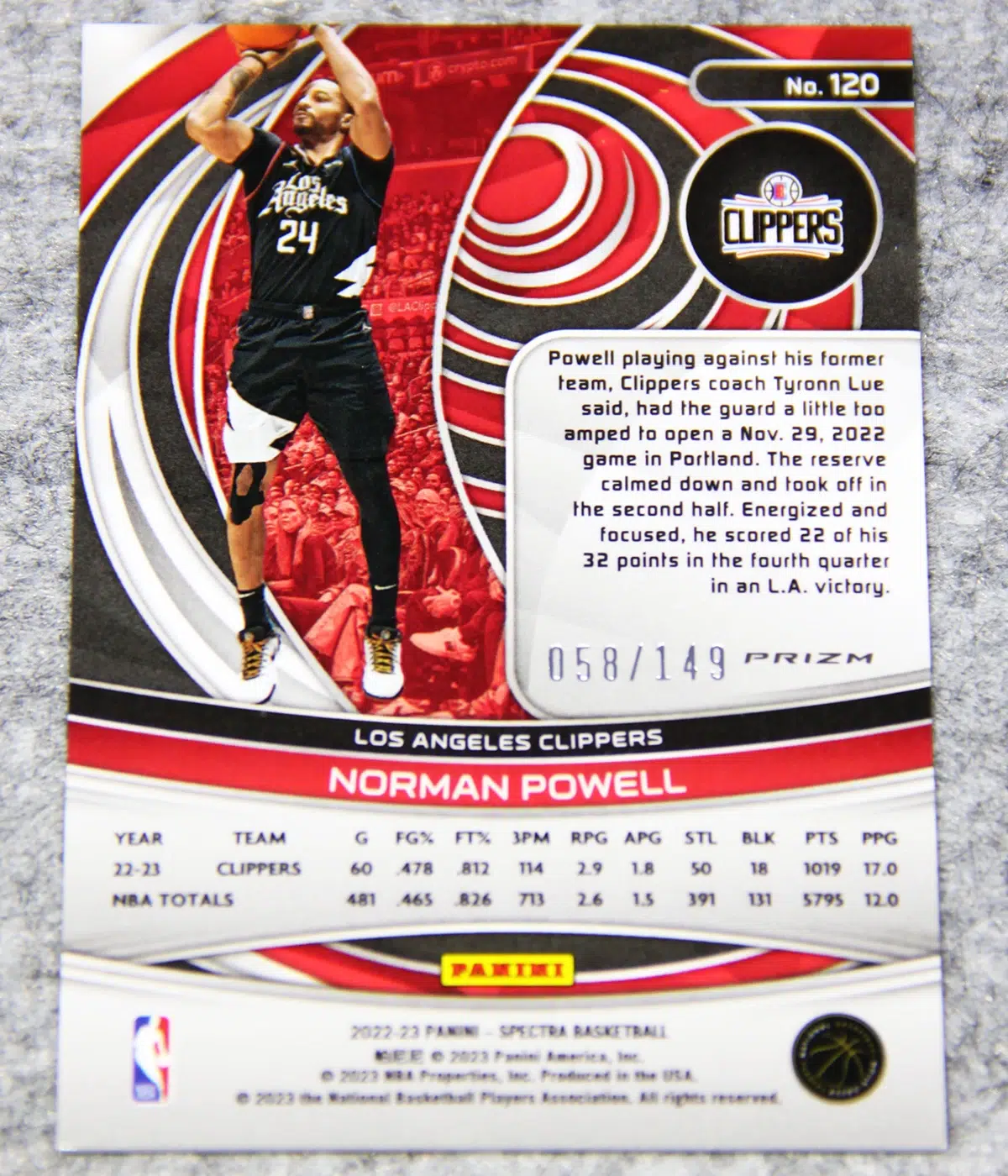 2022-23 Norman Powell #120 Panini Spectra Celestial Prizm /149