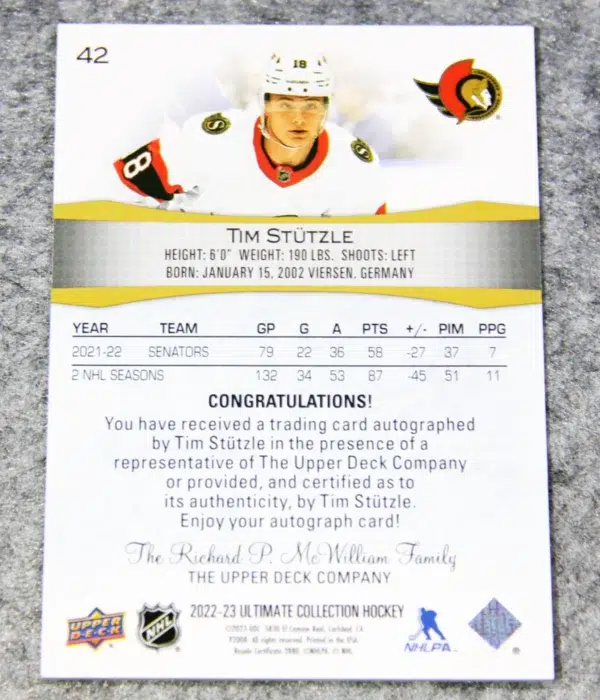 2022-23 Tim Stutzle #42 Upper Deck Ultimate Collection Hockey Auto
