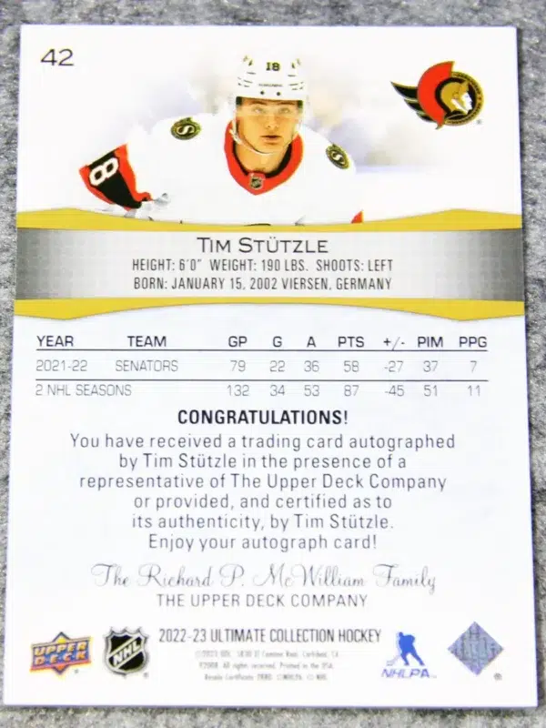 2022-23 Tim Stutzle #42 Upper Deck Ultimate Collection Hockey Auto
