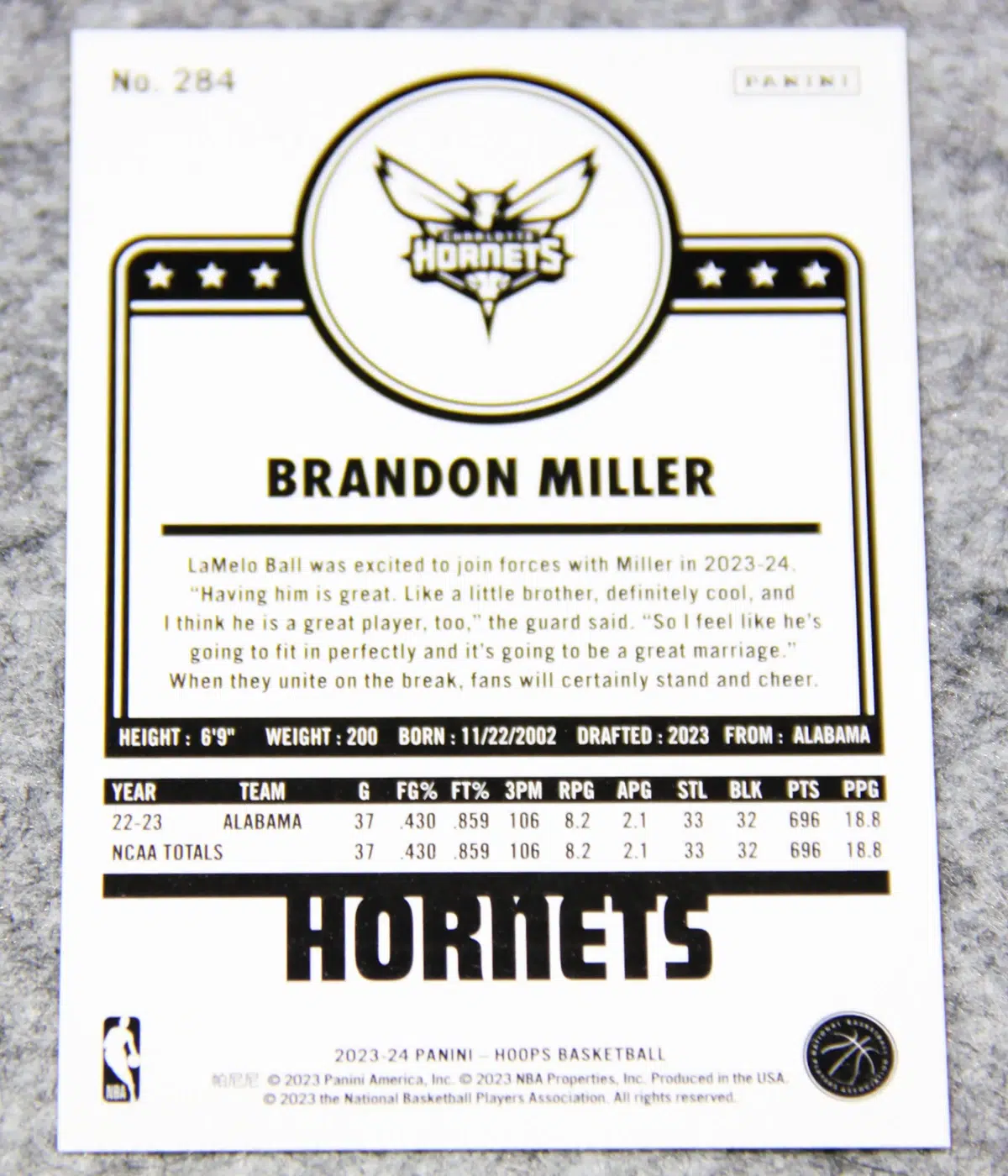 2023-24 Brandon Miller #284 Panini NBA Hoops Basketball RC