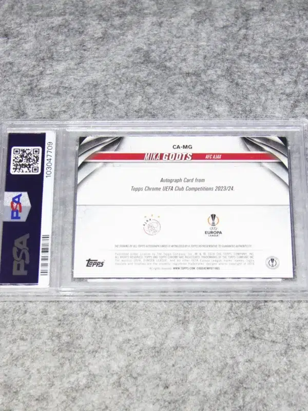 2023-24 Mika Godts #CA-MG Topps Chrome UEFA Club Competitions Violet Speckle Refractor RC Autograph /299 PSA 9